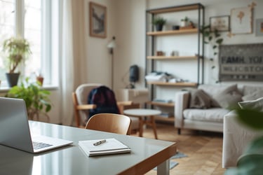Laptop and notebook on a desk in a bright, modern home office with a cozy living area.