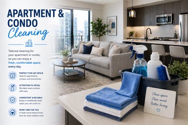 Professional apartment and condo cleaning services featuring towels and spray in a modern living room.