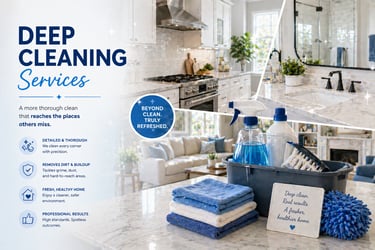 Professional deep cleaning services for a sparkling home kitchen, bathroom, and living room.