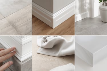 White decorative baseboard molding installed on wood and tile flooring in a modern home.