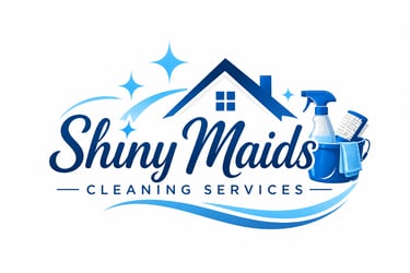 Shiny Maids Cleaning Services logo featuring a blue house icon, spray bottle, and bucket.
