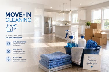 Professional move-in cleaning supplies in a bright, modern kitchen with moving boxes.