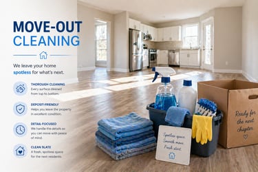 Professional move-out cleaning services for a spotless kitchen and living area with cleaning supplies.
