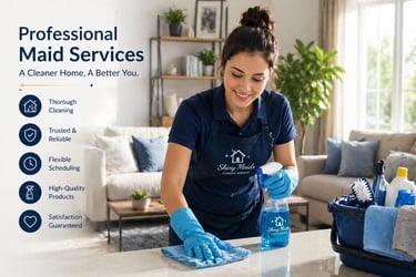 Professional maid service cleaner from Shiny Maids wiping a kitchen counter with spray and microfiber cloth.