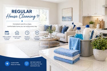 Professional house cleaning supplies and folded towels on a kitchen counter with a blurred living room background.