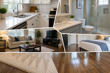 Collage of modern home interior renovations including a white kitchen, bathroom, living room, and hardwood flooring.
