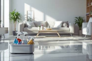 House cleaning supplies in a plastic caddy on a clean tile floor in a bright living room.