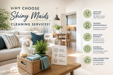 Professional house cleaning services by Shiny Maids featuring eco-friendly supplies in a bright living room.