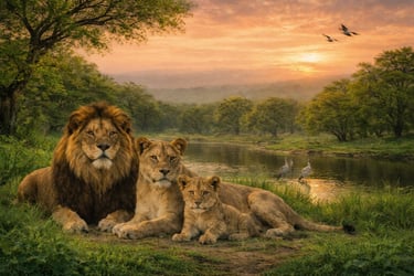 Lion family by the serene river