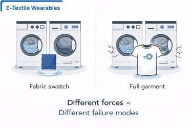 comparison of e-textile wash testing on a fabric swatch versus a full garment showing different fail