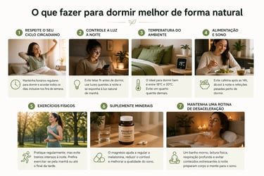 hábitos para dormir melhor de forma natural, ciclo circadiano, controle de luz, alimentação, exercícios e rotina noturna