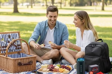 Couple enjoying a picnic together with food and essentials laid out in a park setting