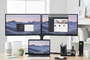 Clean modern workspace with a laptop, dual monitor, wireless keyboard, mouse, smart speaker