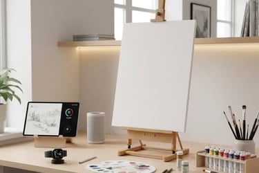 Modern workspace with a blank canvas, art supplies, tablet, smartwatch dock, and smart speaker