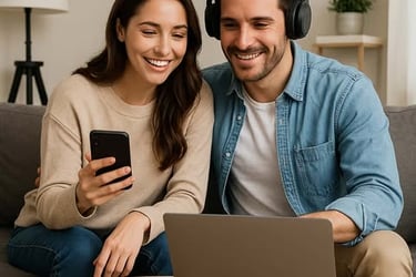 Couple using modern gadgets and smart home items that make daily life easier together.