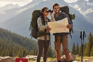 Couple hiking with backpacks, binoculars, a map, and outdoor essentials in a mountain setting