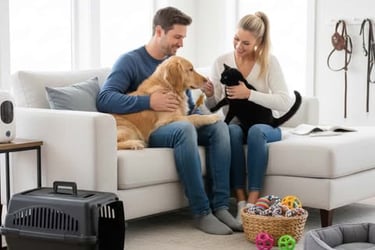 Couple with their dog and cat surrounded by pet essentials a carrier, bowls, leash, treats, and toys