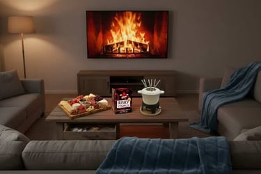 Cozy living room setup with snacks and decor creating a warm date night atmosphere
