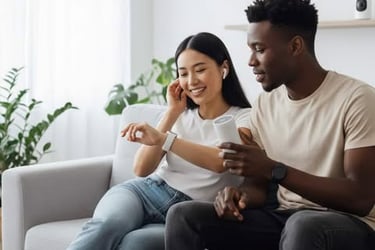 Couple using smart tech like earbuds, smartwatch, smart speaker, and security camera at home