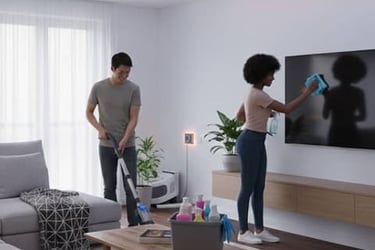 Couple cleaning their living room with a cordless vacuum, spray bottles, microfiber cloth, and caddy