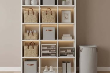 Shelving unit with woven baskets, fabric bins, plastic organizers, and a tall laundry hamper