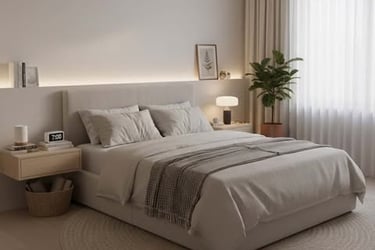 Modern neutral bedroom with soft lighting, organized nightstands, and décor for a calmer sleep space