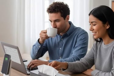 Couple using daily essentials like a tissue dispenser, charging station, keys, laptop, and mug