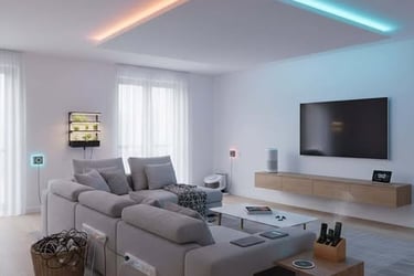 Modern living room with smart lights, smart plugs, and compact tech that makes home life easier