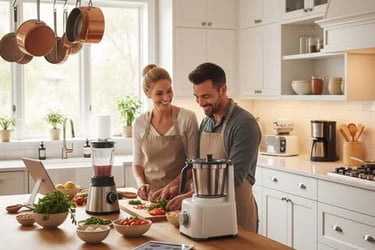 Couple preparing food with modern kitchen gadgets like a blender and processor in a bright kitchen