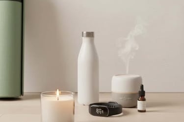 Wellness essentials like a water bottle, yoga mat, candle, tracker, and diffuser in a calm setting
