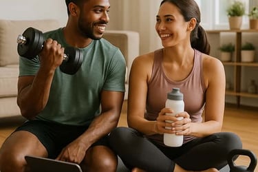 Couple working out at home with dumbbells, yoga mat, water bottle, and kettlebell for daily fitness