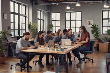 A diverse group of creators collaborating in a bright, modern workspace with tech gadgets.