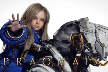 Official Pragmata game art featuring a young girl in a blue suit next to a robotic companion.