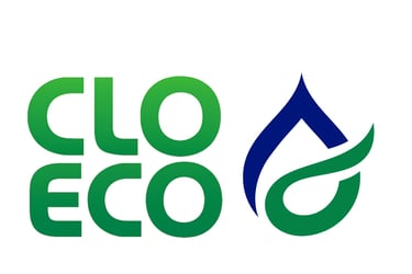 CLO ECO logo featuring green text and a blue water drop icon with a leaf.