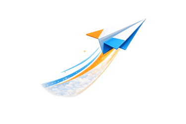 A blue and white paper airplane flying upwards with orange and blue motion trails against a black background.