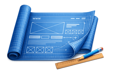 A blue website wireframe blueprint showing UI design layouts with a pencil and ruler.