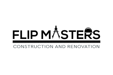 Construction and renovation logo featuring a drafting compass and ruler icon on a black background.