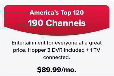 DISH America's Top 120 package with 190 channels and Hopper 3 DVR for $89.99 per month.