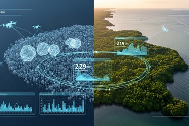 High-tech digital data overlay showing carbon sequestration tracking metrics over a lush Indonesian