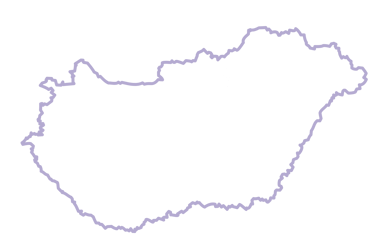 Minimalista, lila kontúros Magyarország térkép fehér háttérrel.