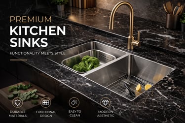 Modern double-bowl stainless steel kitchen sink installed in black marble countertops with a gold faucet.