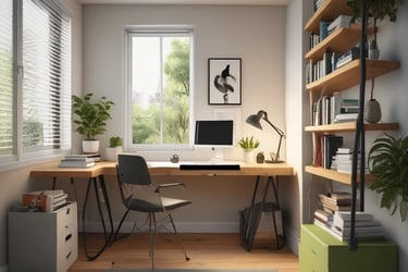 Modern home office with a wooden corner desk, computer monitor, and bookshelves near a bright window.