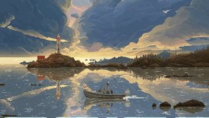 Fisherman in small boat with white dog, motoring past coastal evergreen covered  hills and a lighthouse in the morning