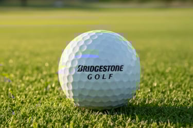 A white Bridgestone golf ball resting on a lush green fairway at sunset.