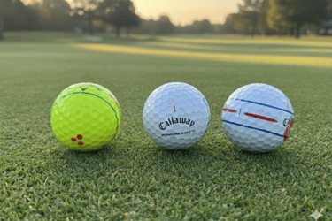 Three Callaway Chrome Soft golf balls sitting on a green grass putting surface at sunrise.