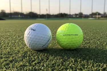 White Titleist Pro V1 and yellow Pro V1x golf balls sitting on artificial turf at a driving range.