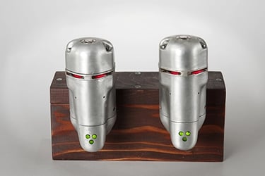 Assemblage robot heads named Drillbots built by artist Tal Avitzur.