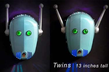 Assemblage robot heads built by artist Tal Avitzur from vintage floor polishers.