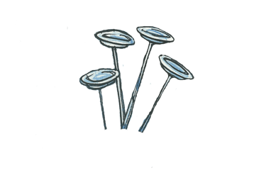 Watercolor illustration of four blue plates spinning on poles for a circus act performance.