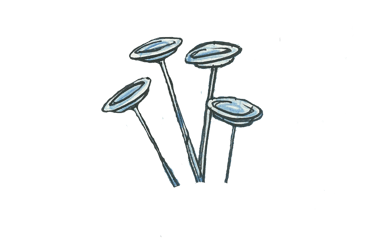 Hand-drawn illustration of circus performers spinning four blue plates on thin poles.